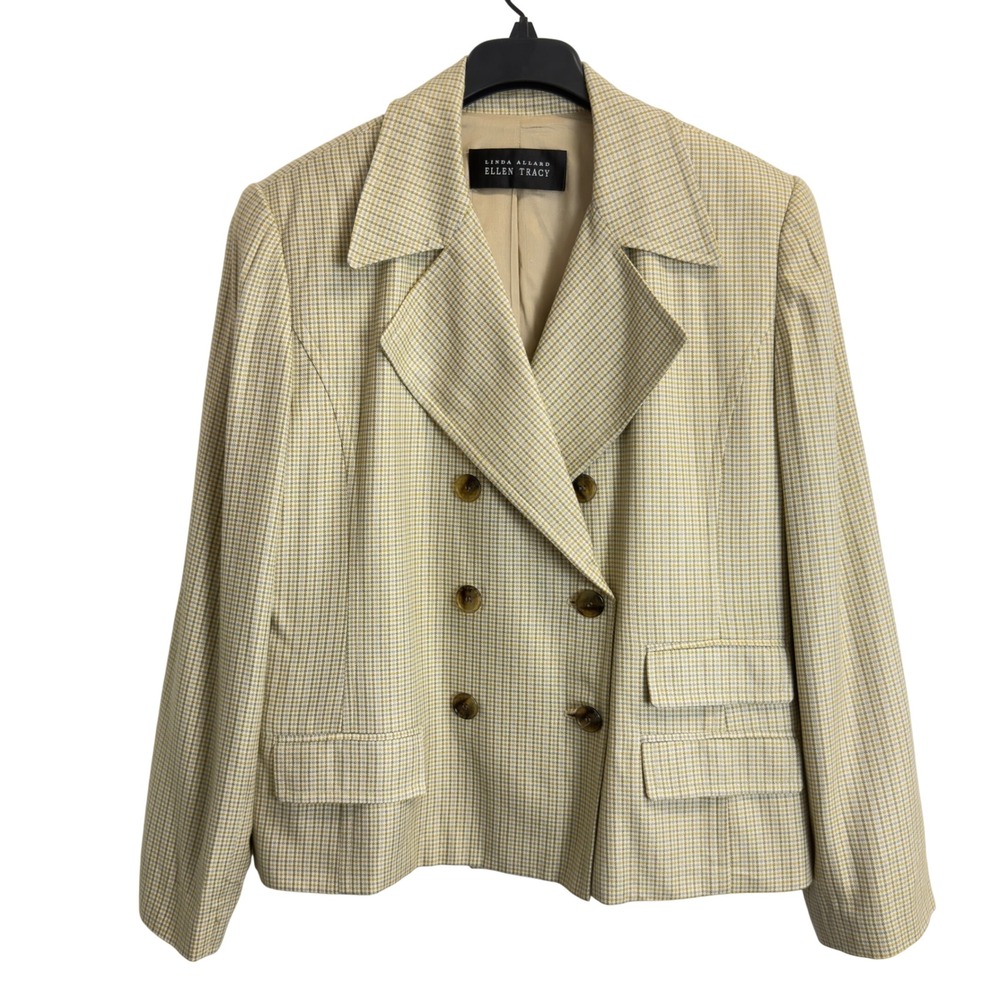 Linda Allard Ellen Tracy Blazer Womens 16 Yellow Tan Houndstooth Double Breasted